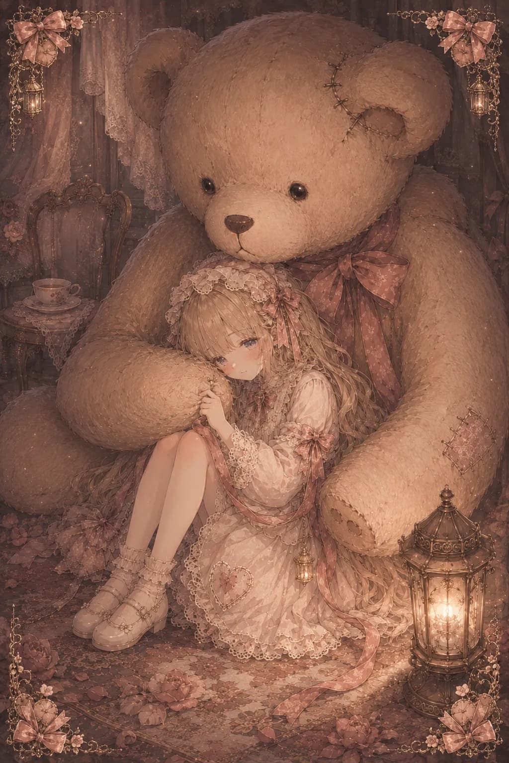 An Atelier DOLL awakened beside a giant teddy bear